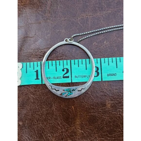 Peyote Bird Turquoise & Coral Chip Inlay Sterling Silver Necklace Hoop Pendant - Picture 6 of 6